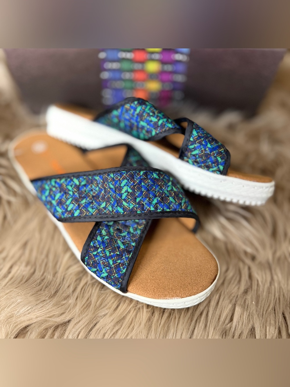 bernie mev. Blue Mosaic Cross-Strap Slide Sandals, Avon in peacock, 38 or 7